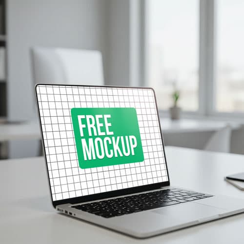 Free Laptop PSD Mockup Office Desk Scene — Professional Workspace
