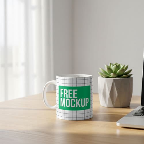 Free Photorealistic Mug Mockup PSD On Wooden Desk