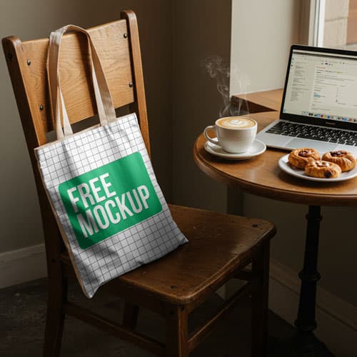 Free Tote Bag Mockup PSD — Cozy Cafe Work Scene