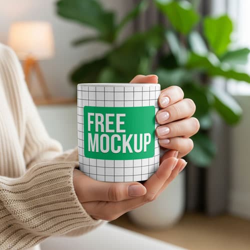 Free Woman Holding Coffee Mug Mockup PSD — Outdoor Casual Setting