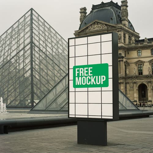 Free Louvre Pyramid Billboard Mockup PSD
