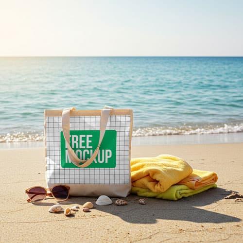 Tote Bag Mockup PSD — Sunny Beach Vacation Lifestyle Display