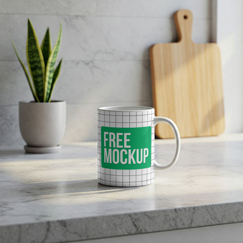 Bright Kitchen Mug Mockup PSD — Sunlit Ceramic Coffee Cup Display