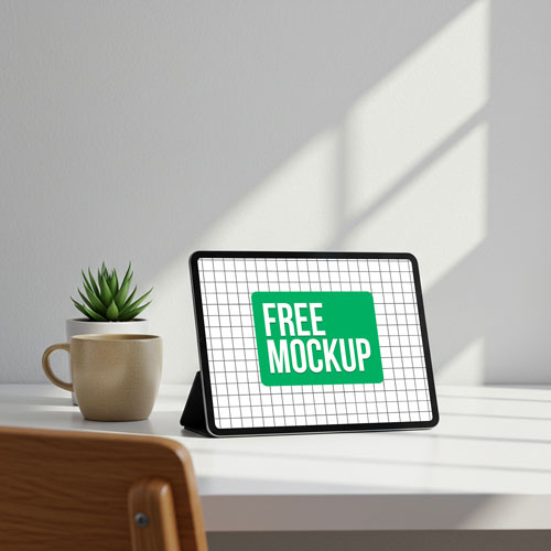 Tablet Mockup PSD — Modern Minimalist Desk Workspace Display
