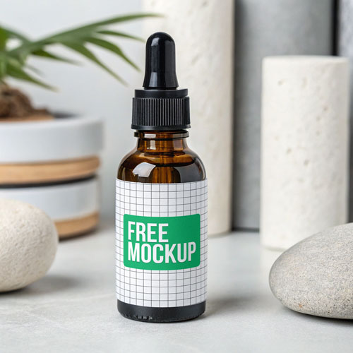 Free Zen Amber Dropper Bottle PSD Mockup — Spa Setting