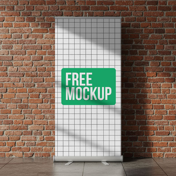 Brick Wall Roll-up Banner Mockup PSD — Urban Indoor Advertising Display