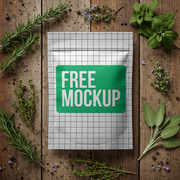 Food Pouch Mockup PSD with Fresh Herbs — Organic Packaging Display