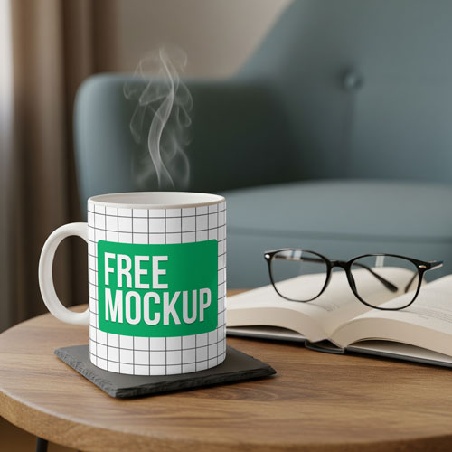 Free Mug Mockup PSD With Book & Glasses — Literary Aesthetic