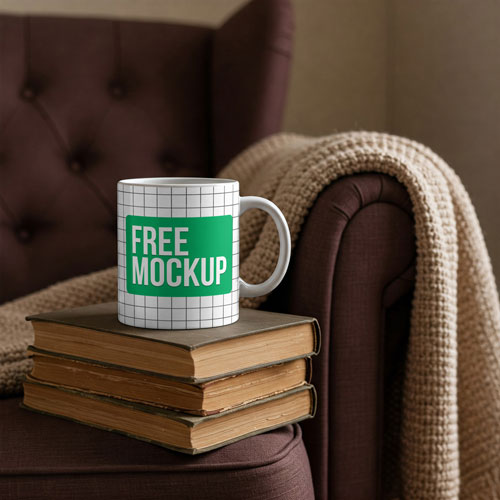 Free Mug Mockup PSD With Vintage Books — Cozy Aesthetic
