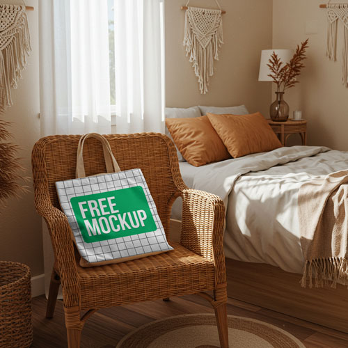 Tote Bag Mockup PSD — Cozy Boho Bedroom Lifestyle Display