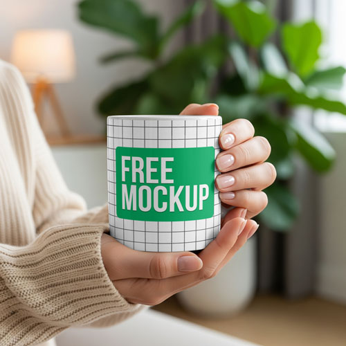 Free Woman Holding Coffee Mug Mockup PSD — Outdoor Casual Setting
