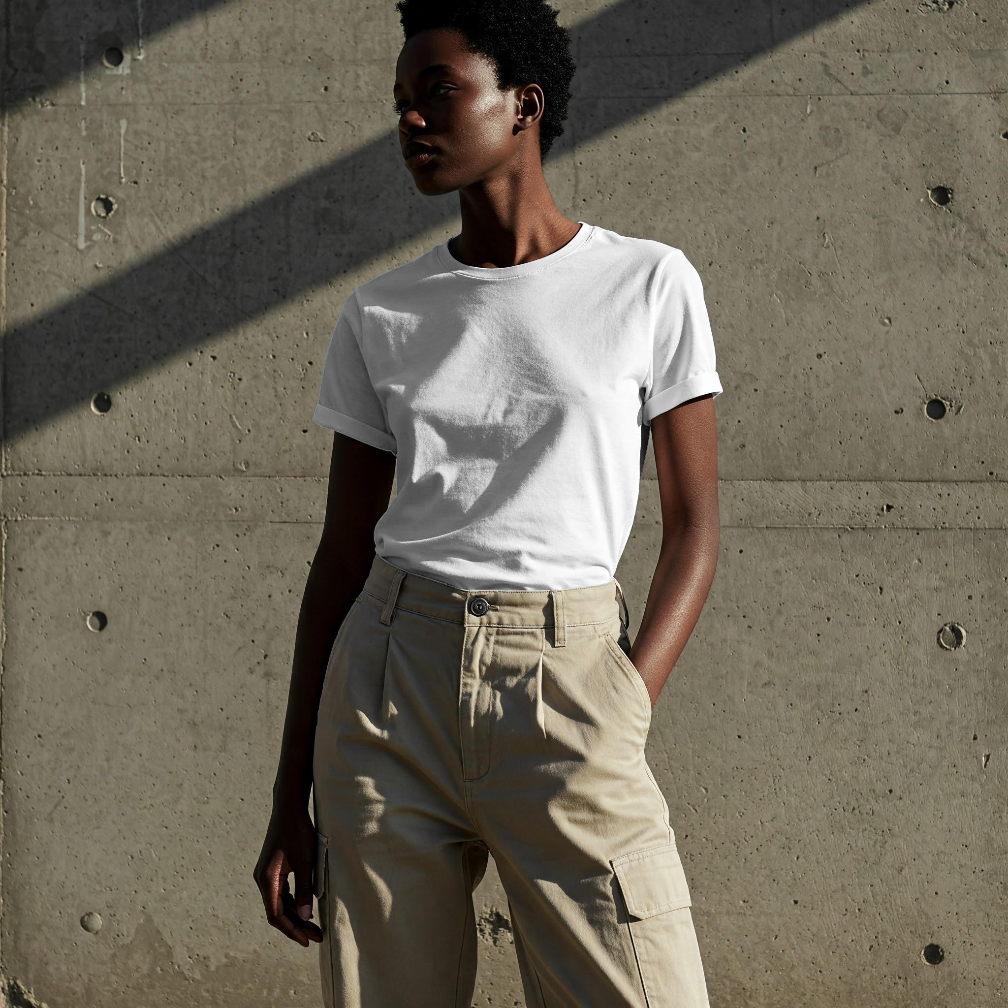 White T-Shirt Mockup on Black Woman — Urban Concrete Wall Display