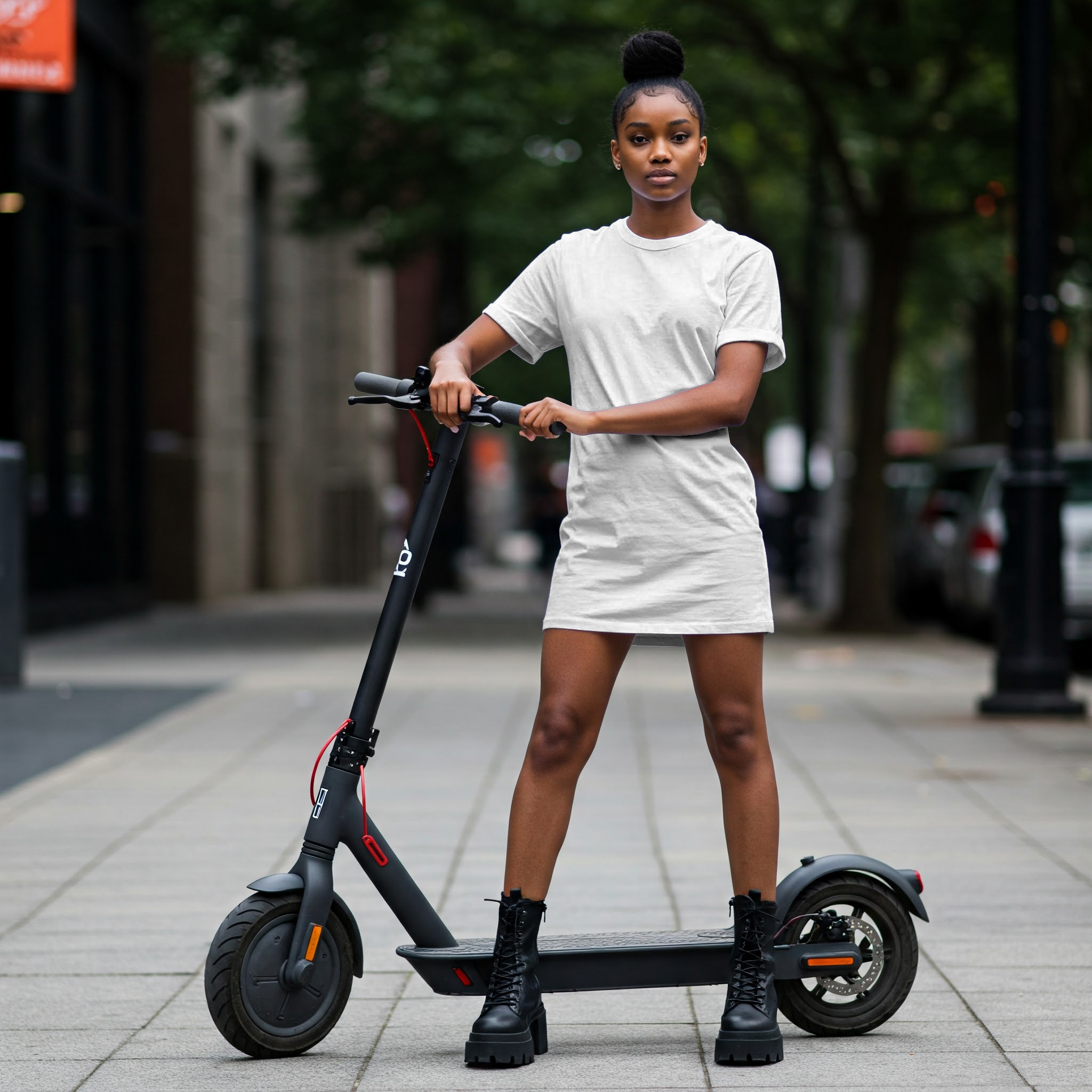 Free Black Woman White T-Shirt Online Mockup — Electric Scooter