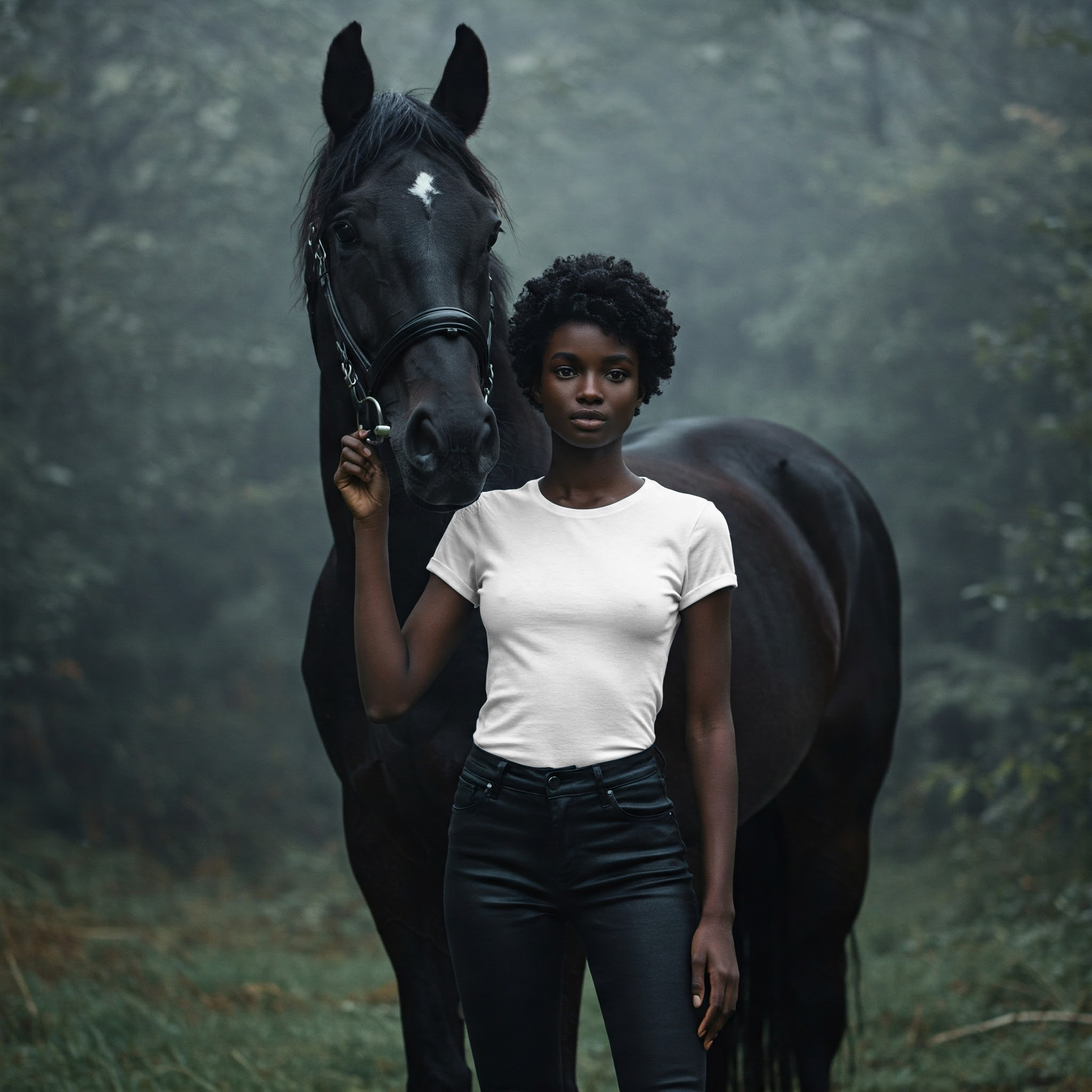 Free Black Woman White T-Shirt Online Mockup — Horse Portrait