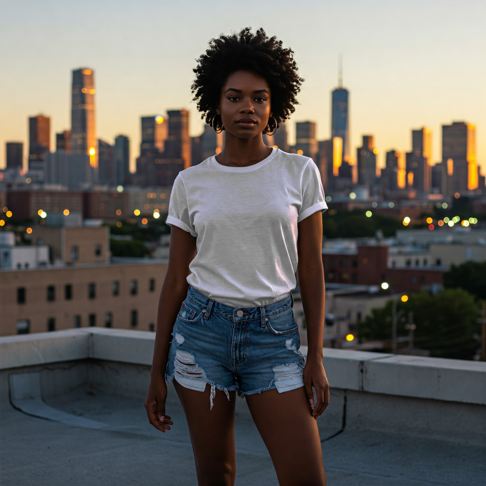 Free Black Woman White T-Shirt Online Mockup — Rooftop City View