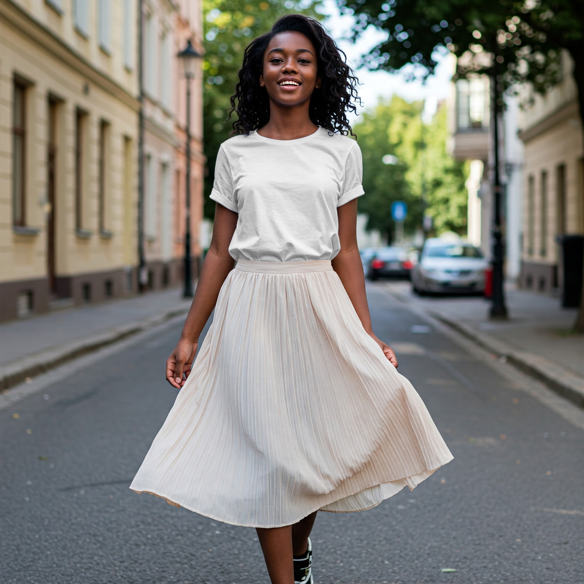 Free Black Woman White T-Shirt Online Mockup — Street Style