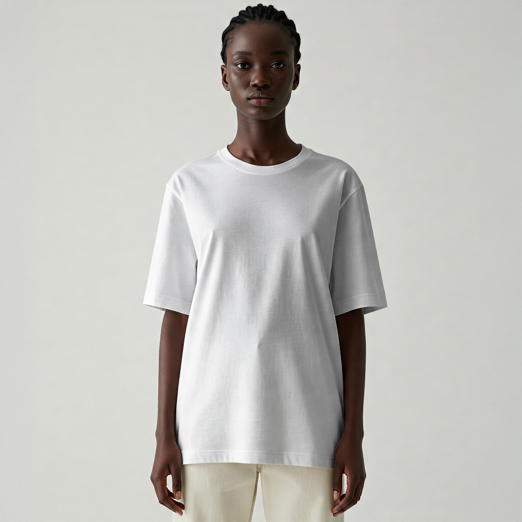 Free Black Woman White T-Shirt Online Mockup — Studio Portrait