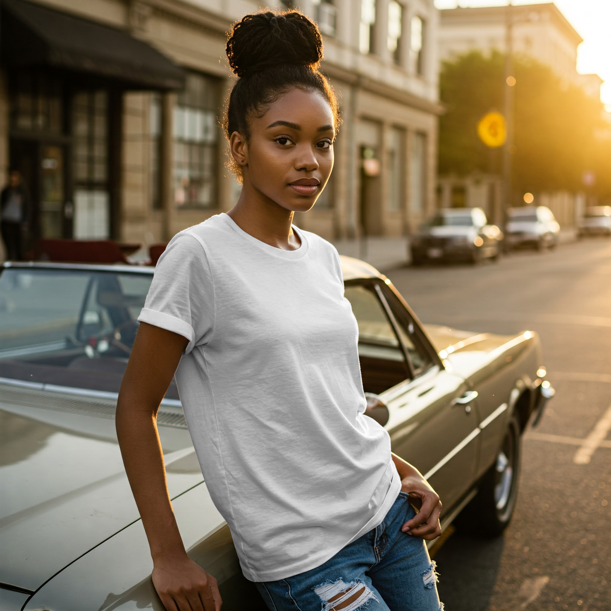 Free Black Woman White T-Shirt Online Mockup — Sunset Street