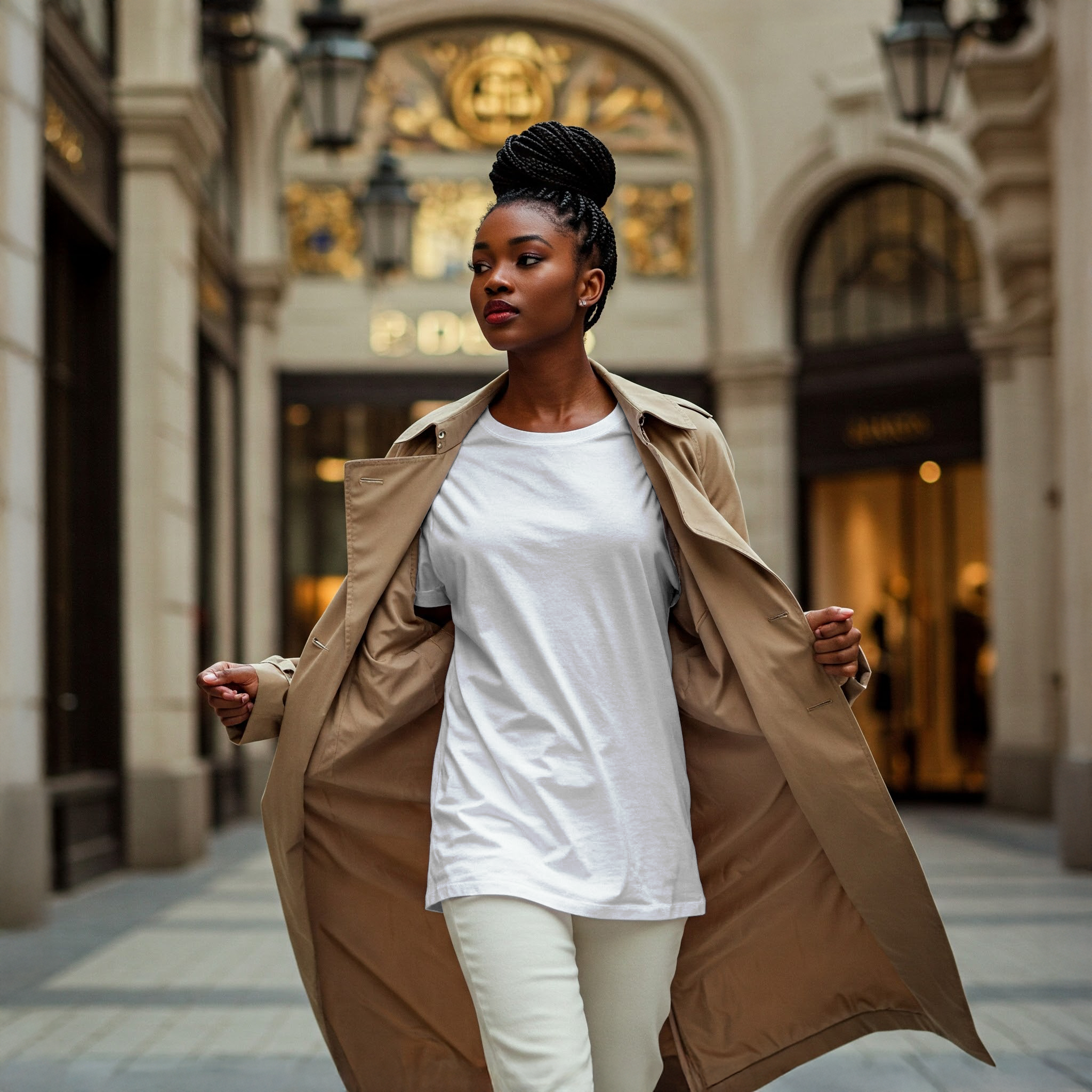 Free Black Woman White T-Shirt Online Mockup — Trench Coat Style