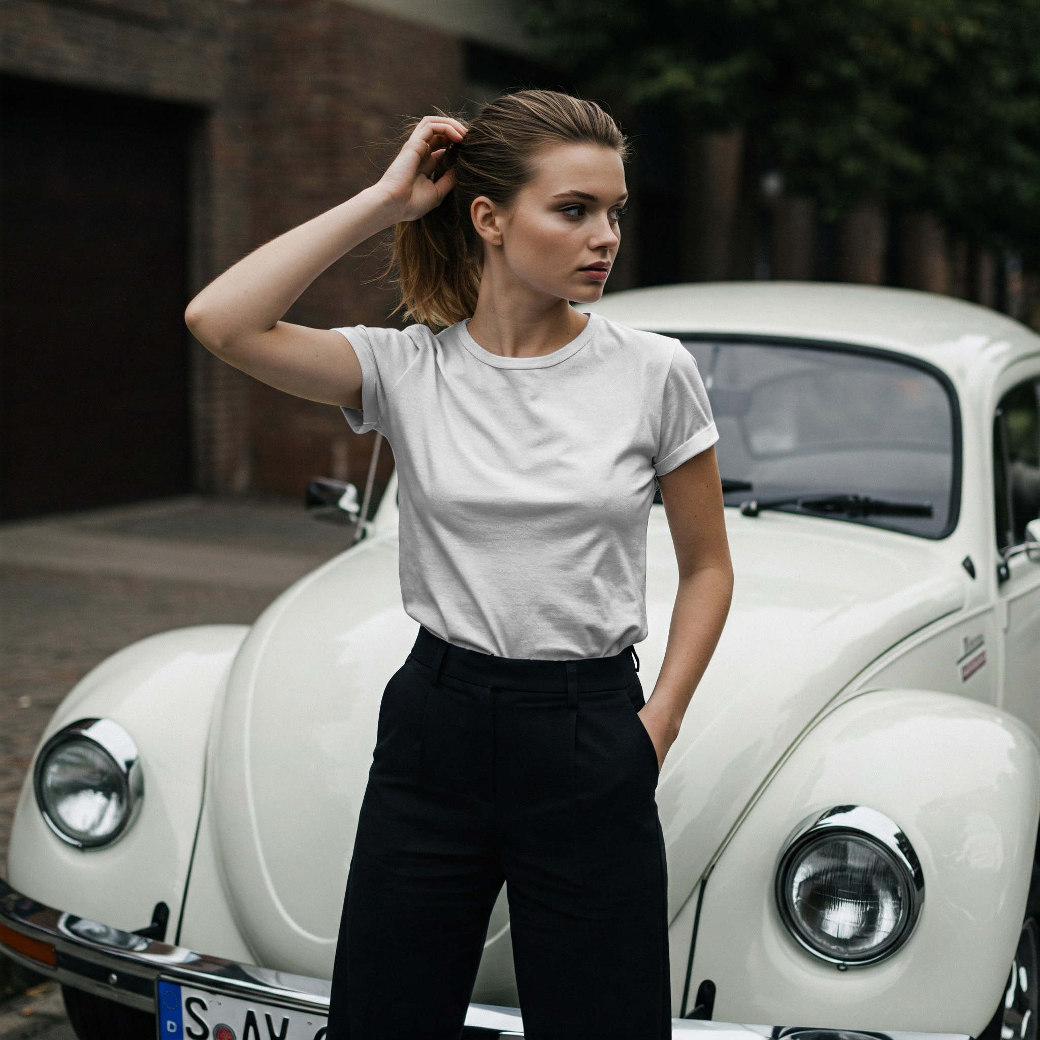 Free Online T-Shirt Mockup — Girl with a Classic Car and Vintage Vibe