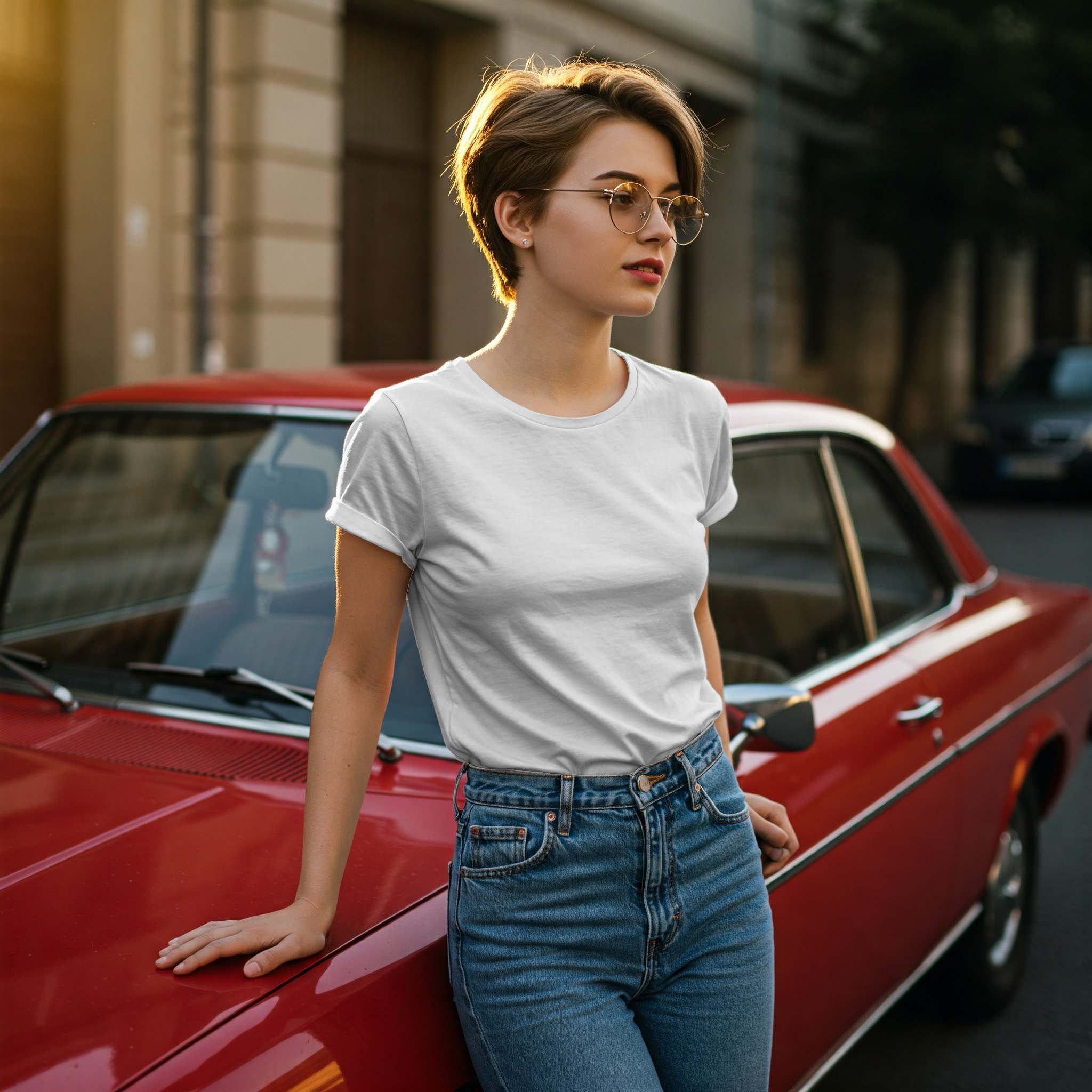 Free Online T-Shirt Mockup — Model with Vibrant Red Car Lifestyle