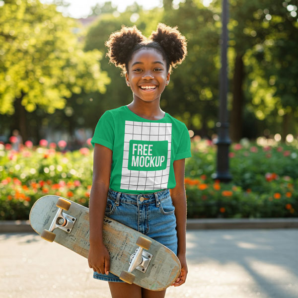 Free Kid T-Shirt Mockup PSD — Skateboard Background